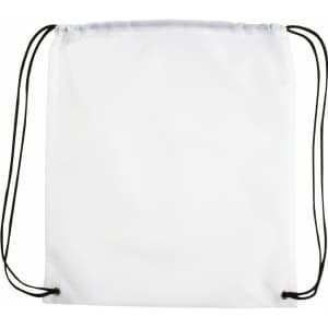 A white drawstring sportspack with black cords, featuring a simple design and no visible logo or branding.