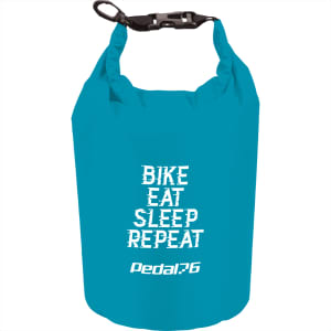 A turquoise waterproof outdoor bag with a black strap and a logo, featuring the text "Bike Eat Sleep Repeat."