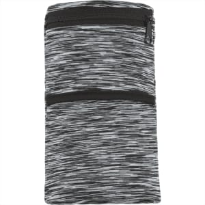 A black and grey heathered wristband with two zippered pockets, featuring a branded logo.