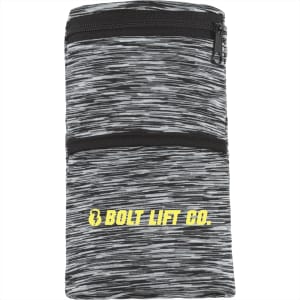 A heathered grey wristband with black zippers and a logo, featuring a pocket for small items.