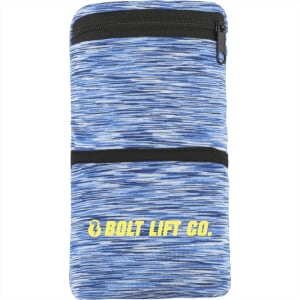 A heathered blue wristband with two zippered pockets and a logo.