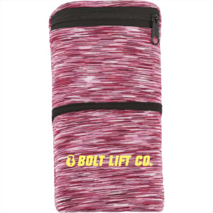 A heathered wristband in shades of red with a zippered pocket and a logo on the front.