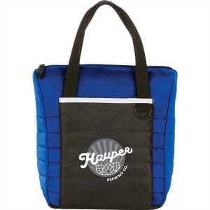 A blue quilted lunch cooler bag with a black front pocket and a logo. It features sturdy black handles.