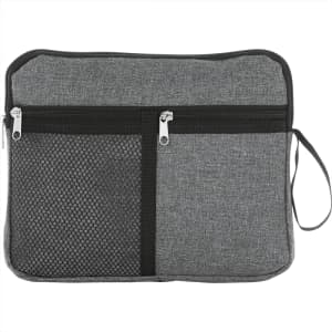 A multi-purpose travel bag in grey, featuring zippered compartments and a mesh pocket, includes a handle for easy carrying.