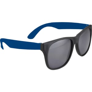 Retro promotional glasses with a black frame and blue arms. They feature dark tinted lenses and a logo.