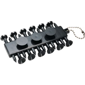 A black golf ball marker set featuring eight markers attached on a keychain for easy access.