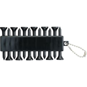 A set of black golf ball markers arranged in a holder with a keychain attachment.