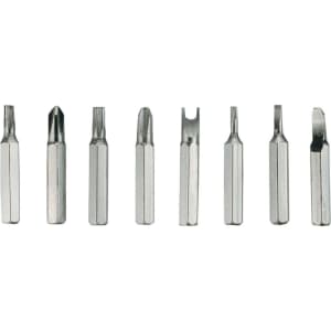 A collection of eight metallic screwdriver bits in varying shapes and sizes, arranged in a row.