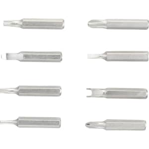 A set of eight silver multi-tool bits, featuring various screwdriver types and shapes.