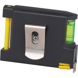 A black and yellow combo tape measure with a built-in level and a metal clip.