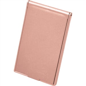 A rose gold pocket mirror with a sleek, compact design, featuring a reflective surface and a minimalist appearance.