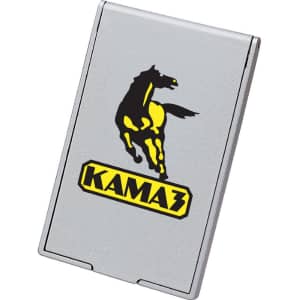 A silver stand-up pocket mirror features a black and yellow horse logo. The design is sleek and compact.