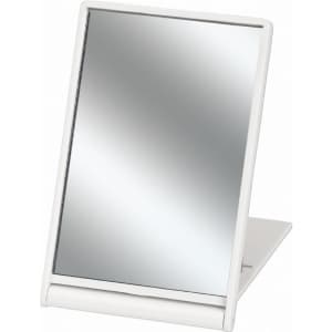 A stand-up pocket mirror in white, featuring a sleek, foldable design for compact storage.