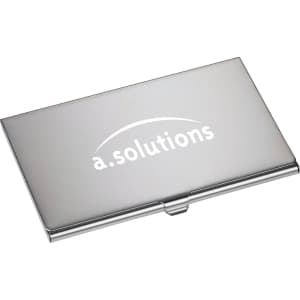 A silver business card holder with a logo on the front and a sleek, minimalist design.