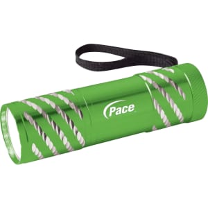 A green flashlight with a textured design and a wrist strap, featuring a logo on its side.