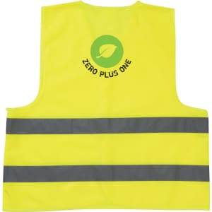 A high-visibility yellow safety vest with grey reflective stripes and a logo on the back.