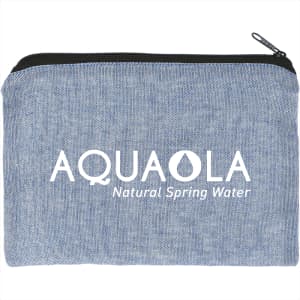 A recycled cotton twill pouch in blue with a zip closure and a logo on the front.