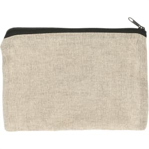A beige recycled cotton twill pouch with a black zipper, featuring a logo on the front.