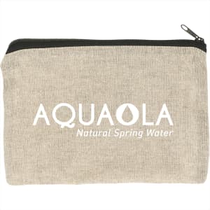 A recycled cotton twill pouch in a natural beige colour with a zipper and a logo on the front.