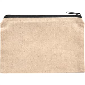 A beige cotton travel pouch with a black zipper, featuring a simple and minimalist design.
