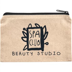 A beige cotton travel pouch with a zip closure and a logo featuring a spa-themed design.