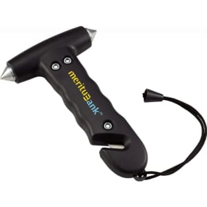 A black life-saving hammer tool with a grip handle, two pointed ends, and a lanyard attachment, featuring a logo.
