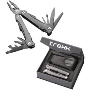 A black multi-tool with pliers, various blades, and tools, presented in a black box with a logo.