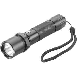 A black torch with a textured grip and wrist strap, featuring a light at one end. It has a branding logo.