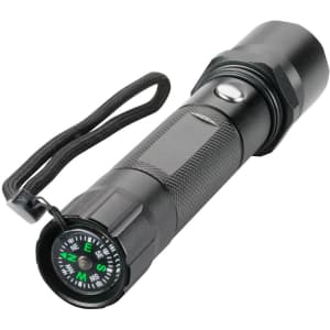 A black torch with a compass attached, featuring a textured grip and a wrist strap.