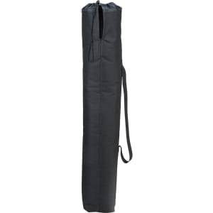 A black carrying bag for an oversized folding chair with a zipper and a shoulder strap. It has a logo.