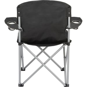 An oversized folding chair in black, featuring cup holders and a silver frame. The chair is fully open and upright.
