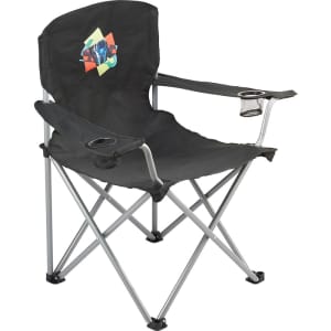 An oversized folding chair in black with a logo on the back and cup holders on each armrest.