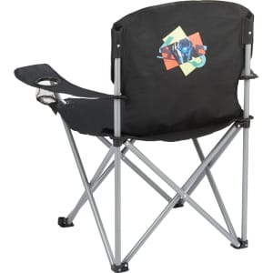 An oversized folding chair in black with a colourful logo on the back, featuring a cup holder on the side.