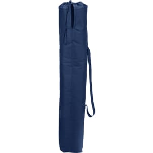 A navy blue oversized folding chair in a protective storage bag with a shoulder strap.
