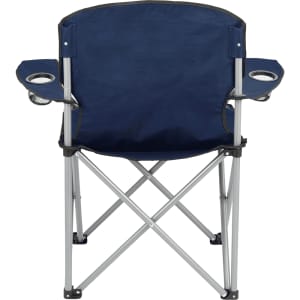 An oversized folding chair in navy blue with cup holders, featuring a metallic frame and a simple design.