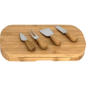 A bamboo cheeseboard set featuring four stainless steel knives with wooden handles.