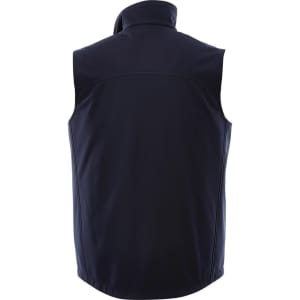 A dark navy softshell vest with a high collar and no sleeves, featuring a branding logo.