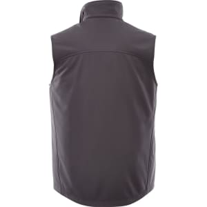 A black men's softshell vest with a high collar and no sleeves, featuring a logo.