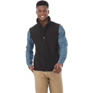 A black softshell vest for men with a zip front and two pockets, featuring a logo.