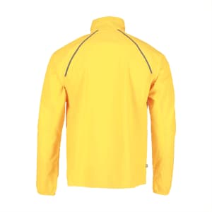 A yellow packable jacket for men with a collar and reflective detailing on the back, featuring a logo.