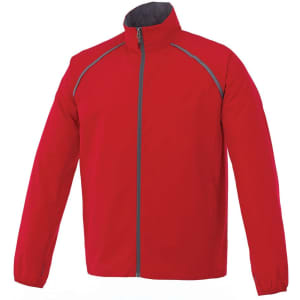 A red packable jacket for men with a zip front and grey detailing, featuring a collar and elastic cuffs.