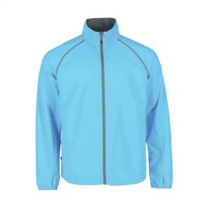 A light blue packable jacket for men with a high collar and grey accents. It features a full front zip and elastic cuffs.
