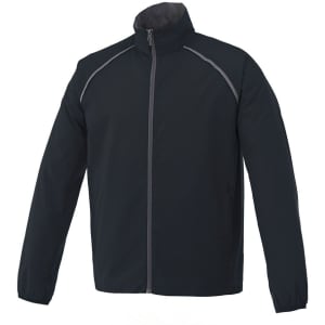 A packable men's jacket in black with grey detailing and a zippered front. Features a logo on the design.