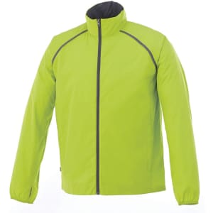A bright green men's packable jacket with a zip front and high collar, featuring a logo on the chest.