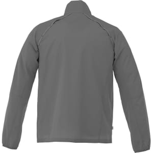 A grey packable jacket for men with long sleeves and a high collar, featuring a logo on the back.
