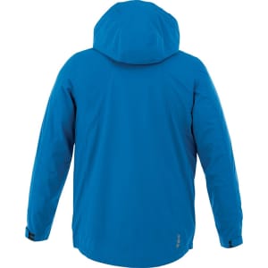 A blue men’s rain jacket with a hood, featuring a simple design and a logo on the back.