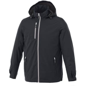 A men's rain jacket in dark black, featuring a hood and multiple zippered pockets. Includes a logo on the chest.
