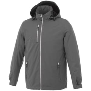 A grey men's rain jacket featuring a hood, zippered pockets, and a logo.