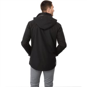 A black men's rain jacket featuring a hood, shown from the back with a person wearing grey trousers.