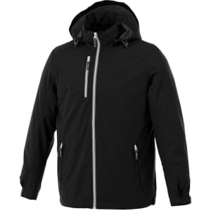 A black men's rain jacket with a hood and multiple zippered pockets, featuring a logo.